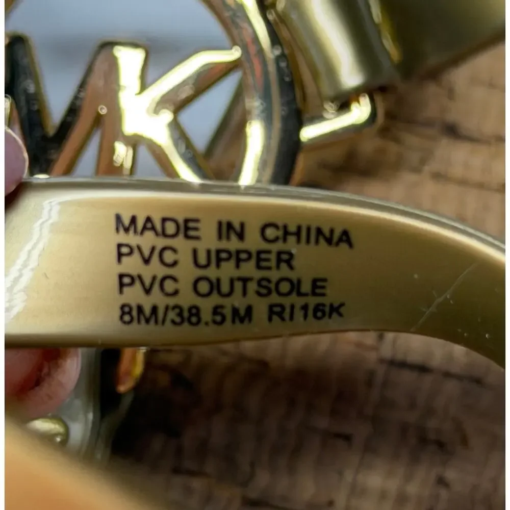Michael Michael Kors Gold Jelly Thong Sandals MK Logo Cork Print Women's 8M